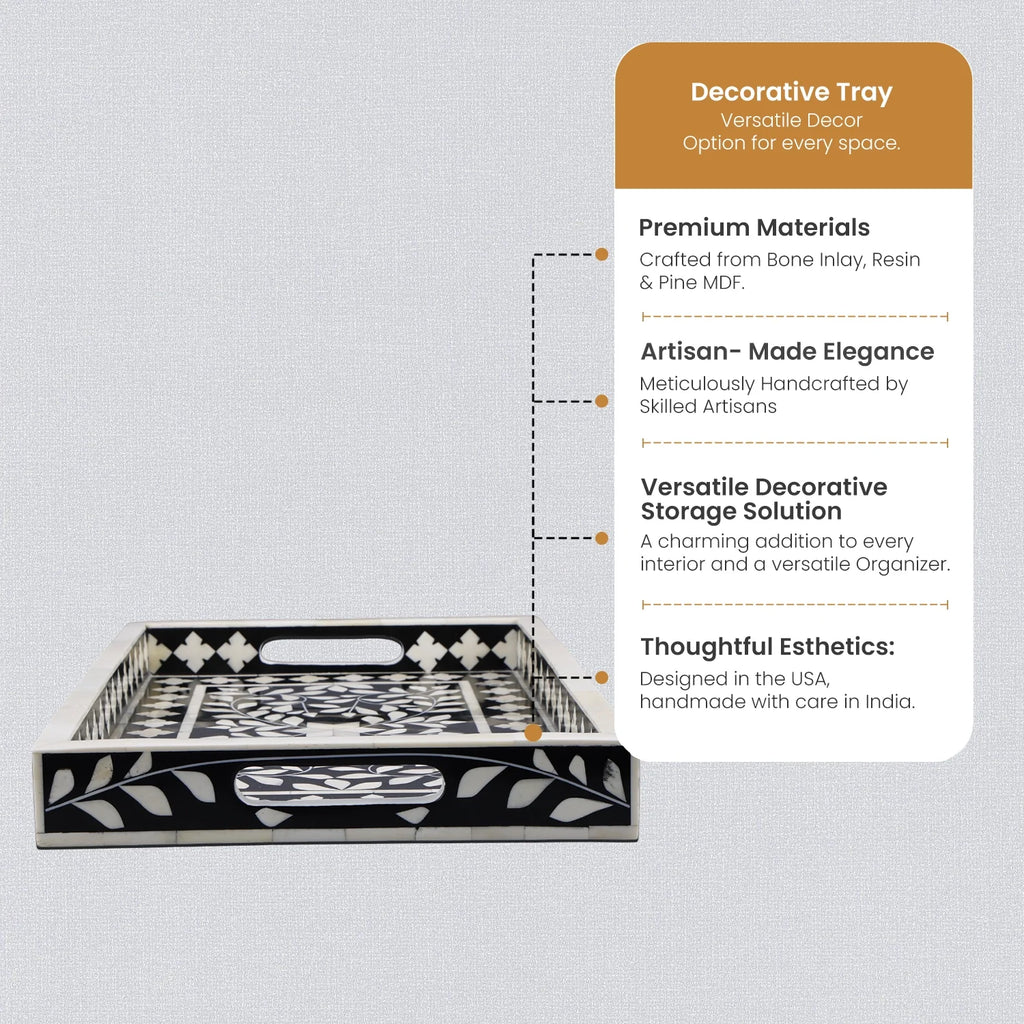 Decorative Tray Alhambra Negra Black White Bone & Resin Inlay – 11" x 17", 12" x 12"