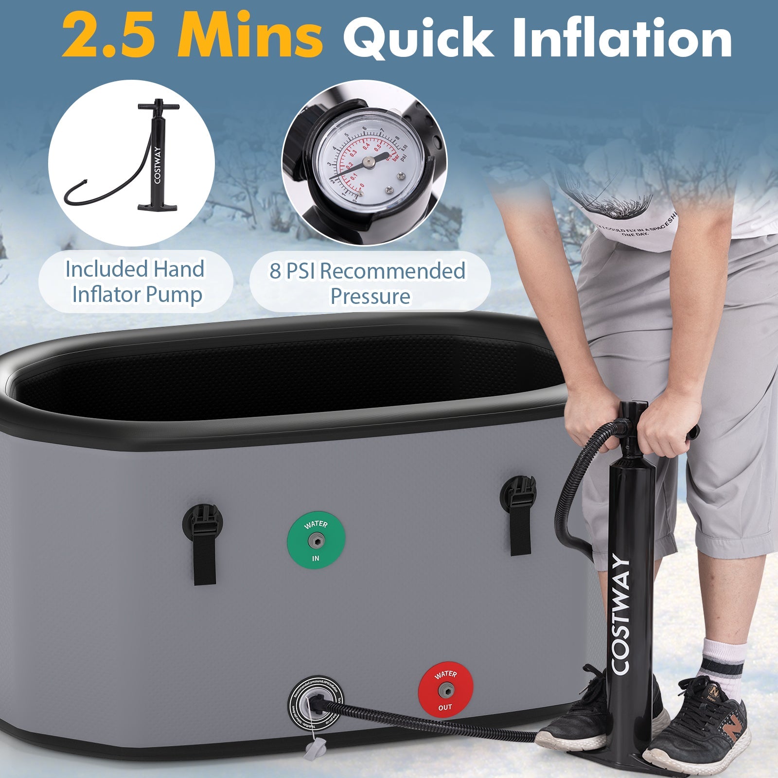 XL 129 Gal Oval Ice Bath Tub with Cover and Hand Pump for Athletes-Gray